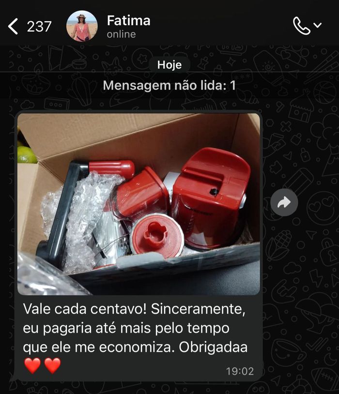Print de conversa de WhatsApp com depoimento da cliente Fátima