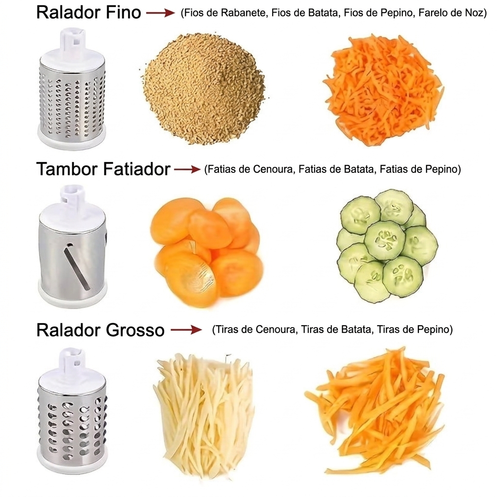 Os 3 tambores: fino, fatiador e grosso